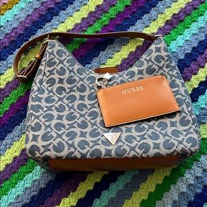 GUESS Blue Jacquard Hobo with Tan Leather Accent